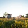 Person relaxing in a chair in a sunny, grassy field.