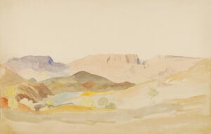 Watercolor landscape of rolling hills and distant mesas.